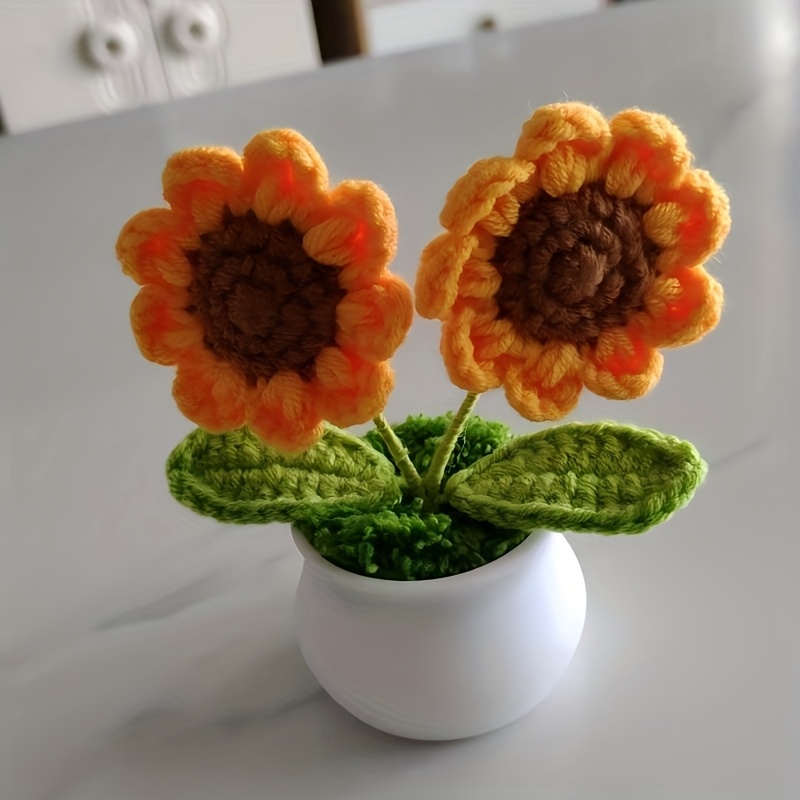 Living The Sun, A Knitted Sunflower Pot Yarn - Handmade Knitted Yarn Sunflower Pot, Yarn Crocheted Sunflower, Realistic Sunflower Decoration, Gifts For Valentine's Day, Thanksgiving, And Christmas