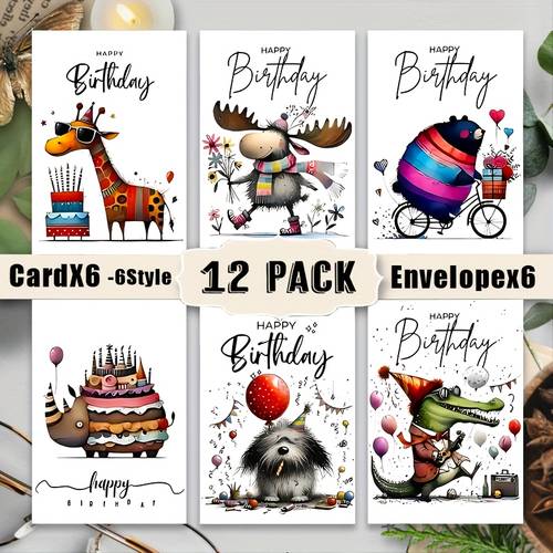 12 cartoon funny animal birthday cards with envelopes 6 different designs party hats balloons suitable for occasions thank you cards large pack suitable for women men birthday cards