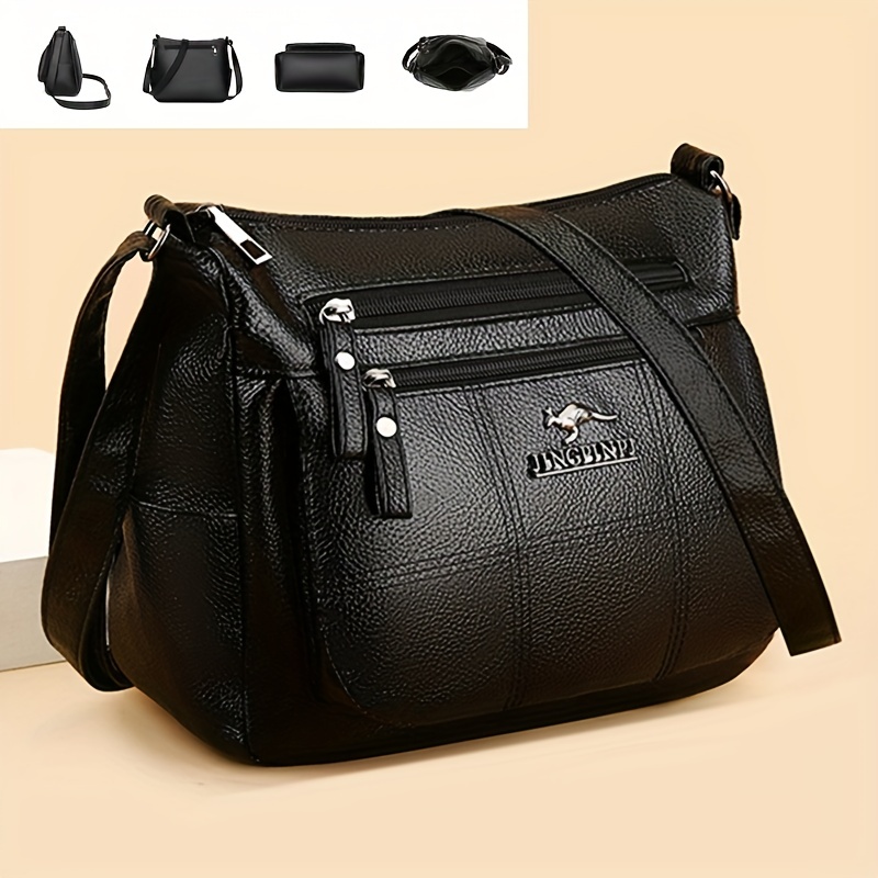 

Chic Black Leather Crossbody Bag For Women - Multi-pocket, Fashionable Shoulder Purse With Zip Closure