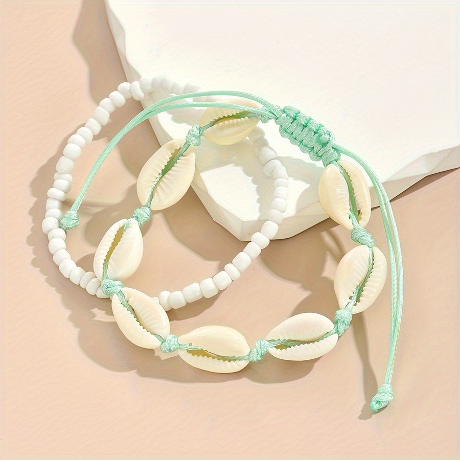 Boho Shell & Rice Bead Anklet Bracelets, Beach Jewelry