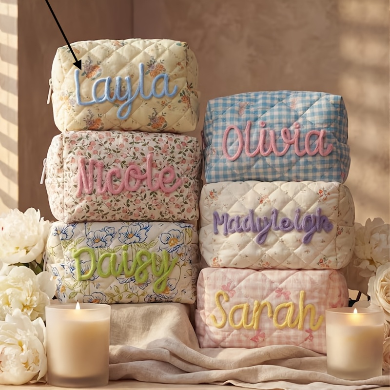TEMU Customizable Cosmetic Bag With Name Personality Handmade Exquisite Cosmetic Bag With Name Cute Bow Floral Travel Bag Storage Bag Portable