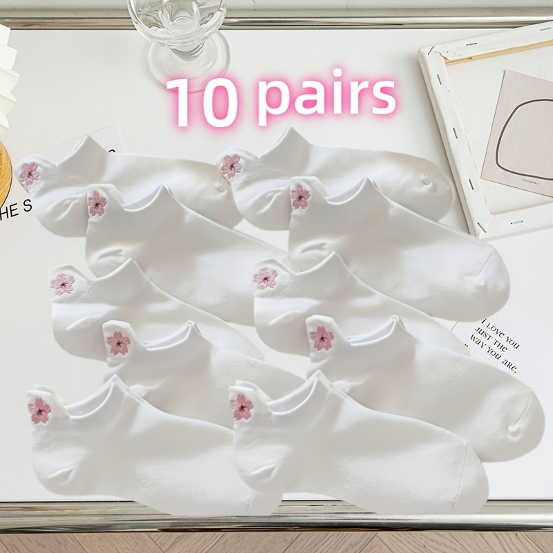 E-shop 5/10 Paar bestickte weiße Damensocken, Damen-Kurzsocken für Frühling, Herbst alle Jahreszeiten, dünne niedliche Bootssocken im japanischen Stil