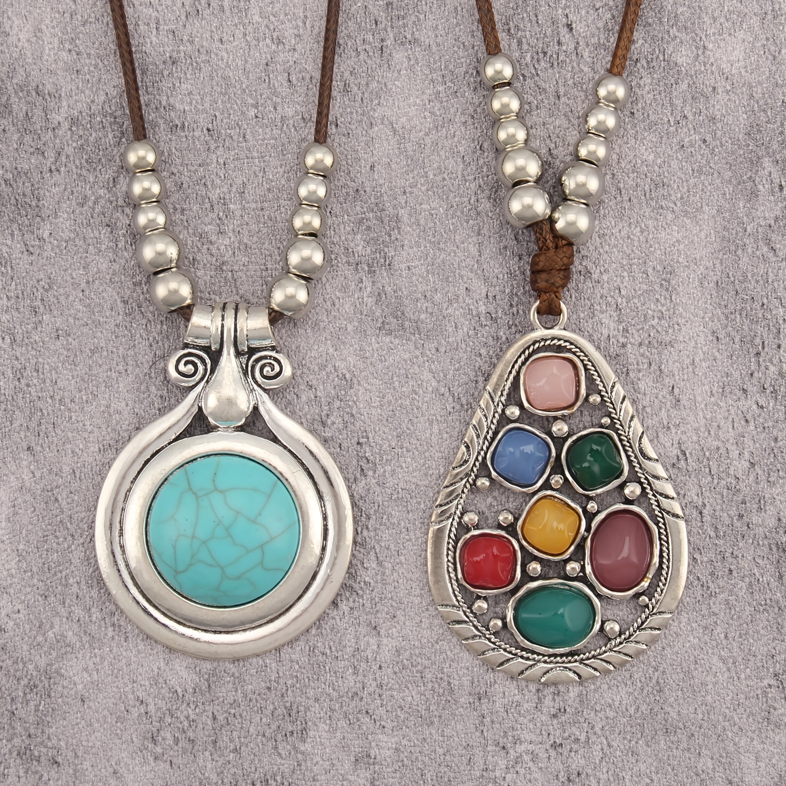 Unisex Bohemian Multi-Colored Stone Teardrop Pendant Necklace