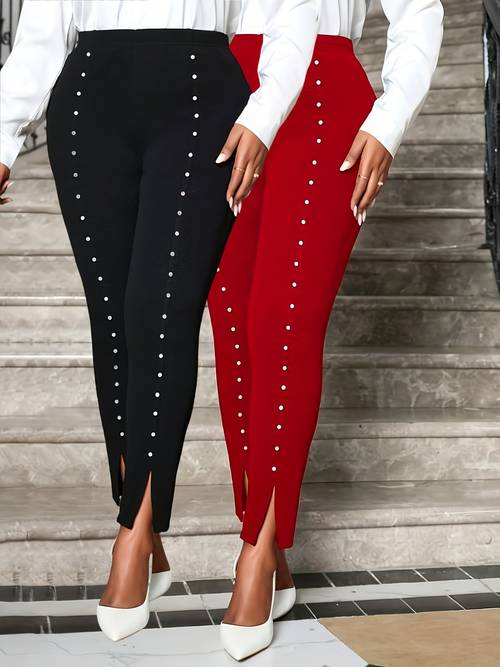 2pcs elegant stretchy skinny pants for women high waisted beaded detail at the ankle size fashionable attire elegant highwaist pants stretchy fabric