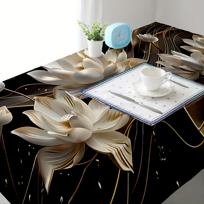 TEMU 1pc Elegant For Lotus Art Tablecloth With Luxurious Golden Accents - Black And Golden Rectangular Polyester Table Cover For Dining, Office,