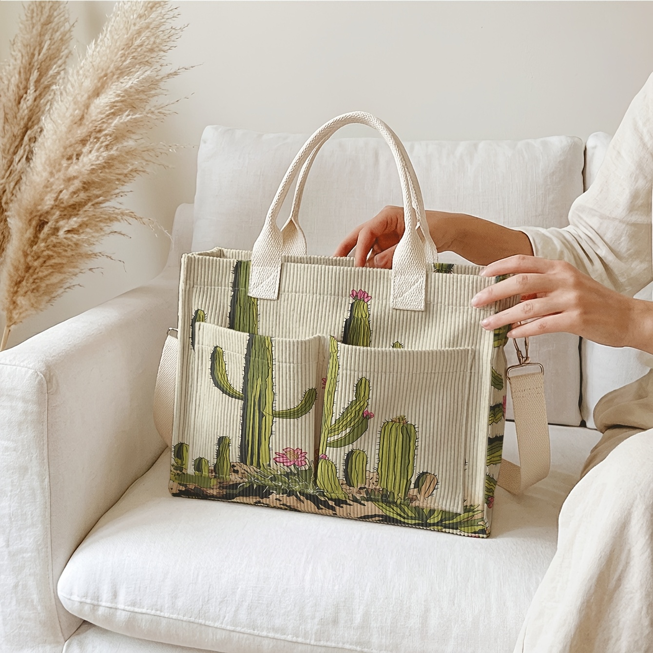 1 pieza, Bolso bandolera para mujer, Estampado floral de cactus 2D, Pana con múltiples bolsillos, Bolso de doble uso de mano/bandolera | Esencial para desplazamientos diarios/salidas de compras/estudiantes/trabajadores/entusiastas del estilo | Tu estilo personal único
