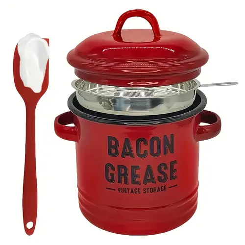 stainless steel grease container with lid silicone spatula heat resistant filter large capacity rust proof kitchen tool for easy pouring cleaning kitchen grease storage sleek material fathers gift