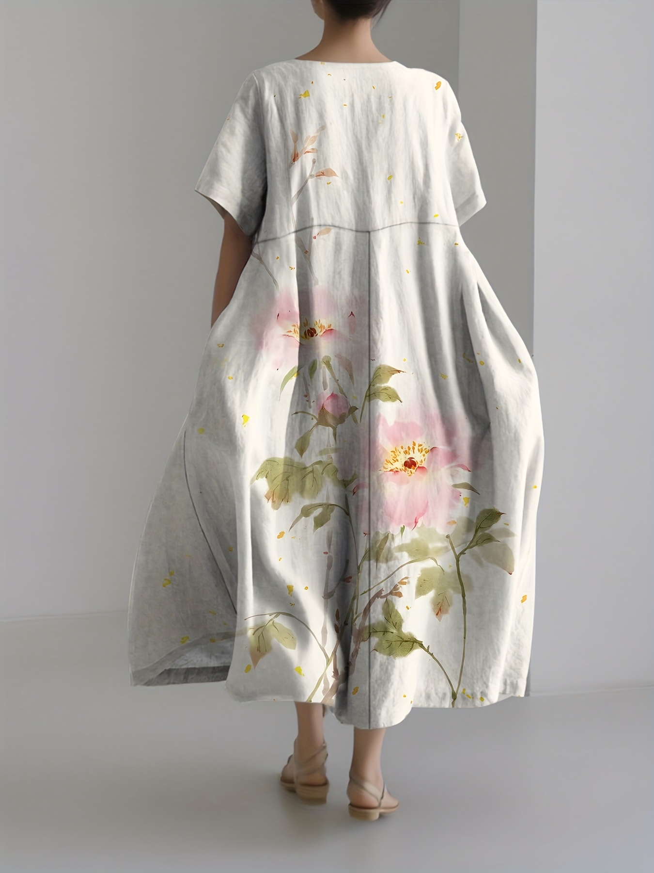womens floral print short sleeve dress elegant o neck loose - Temu United  Arab Emirates
