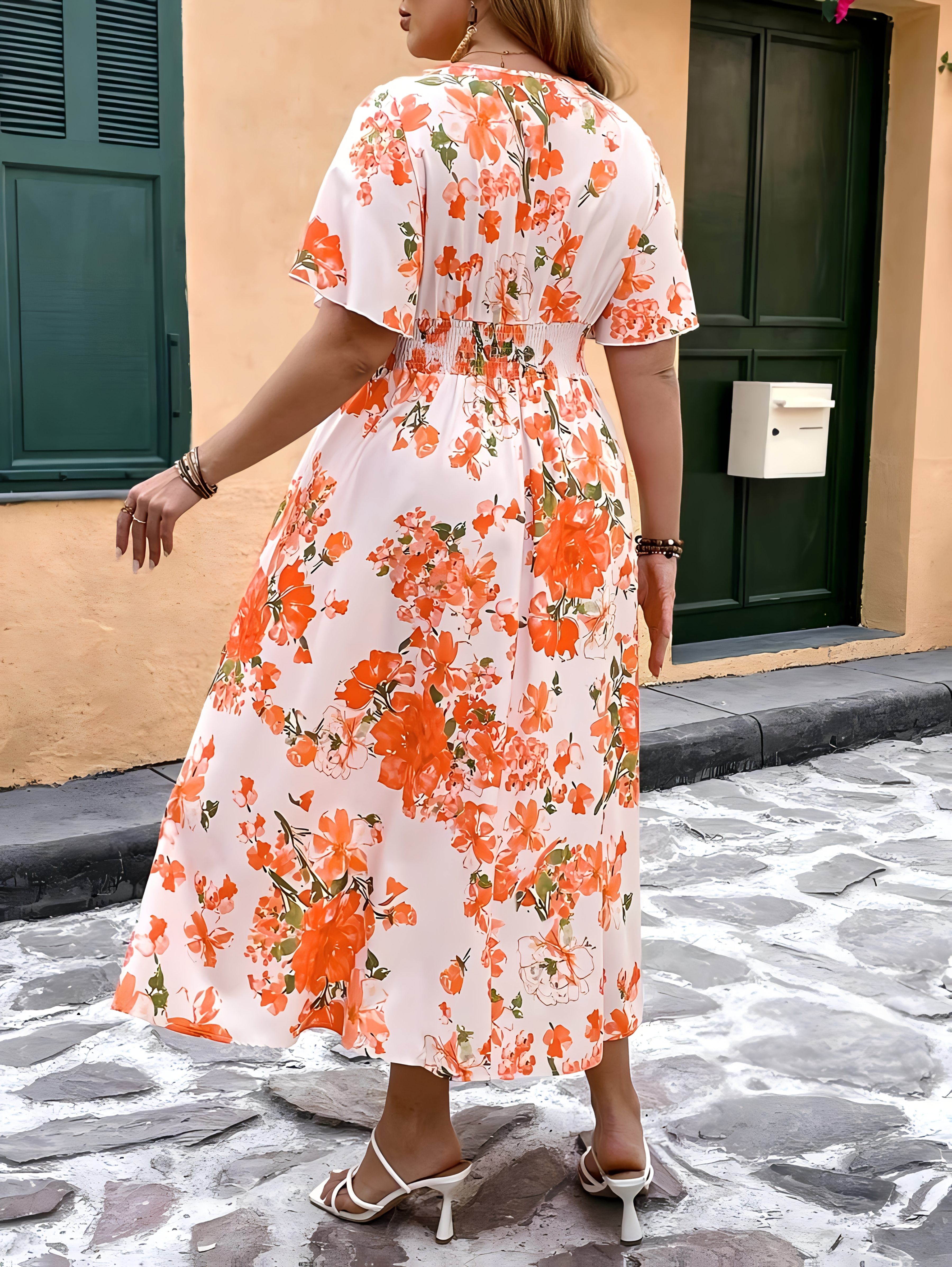 plus size plus size v neck flutter sleeve maxi floral dress - Temu Mauritius