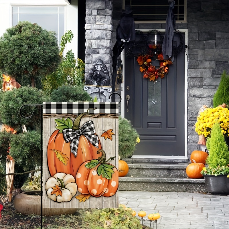 

1pc, Autumn Pumpkin Patches Decorate Garden Flags, Autumn Polka-dot Farmhouses Are Seasonal Outdoor Decorations, And Thanksgiving Buffalo Plaid Checks Bow Pastoral Style