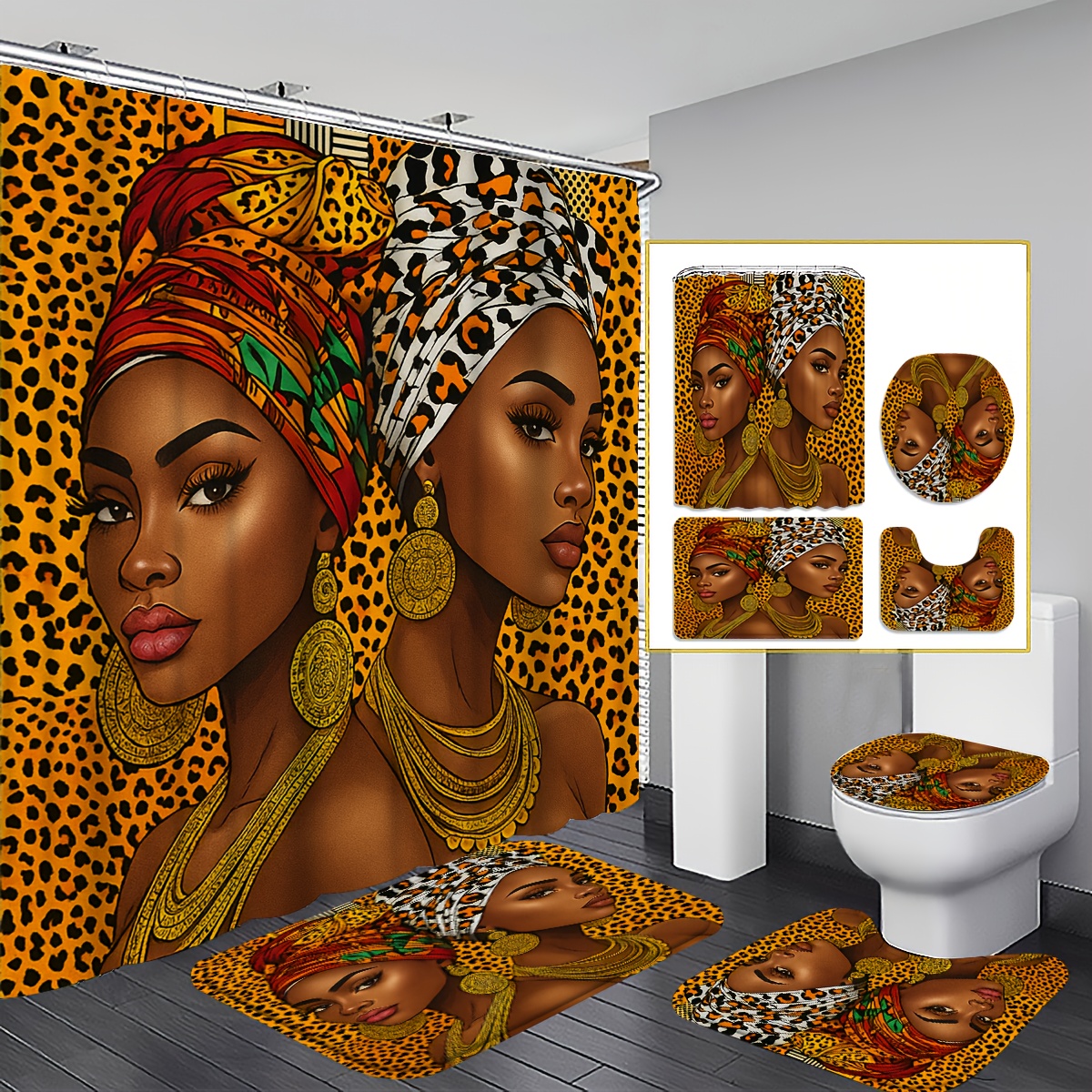 TEMU 4pcs 2d Flat African Curtain Set, Golden And Brown Portrait Bathroom Decor, Accessories With Bath Mat, U-shaped Mat, Toilet Lid Cover, 12 Hooks