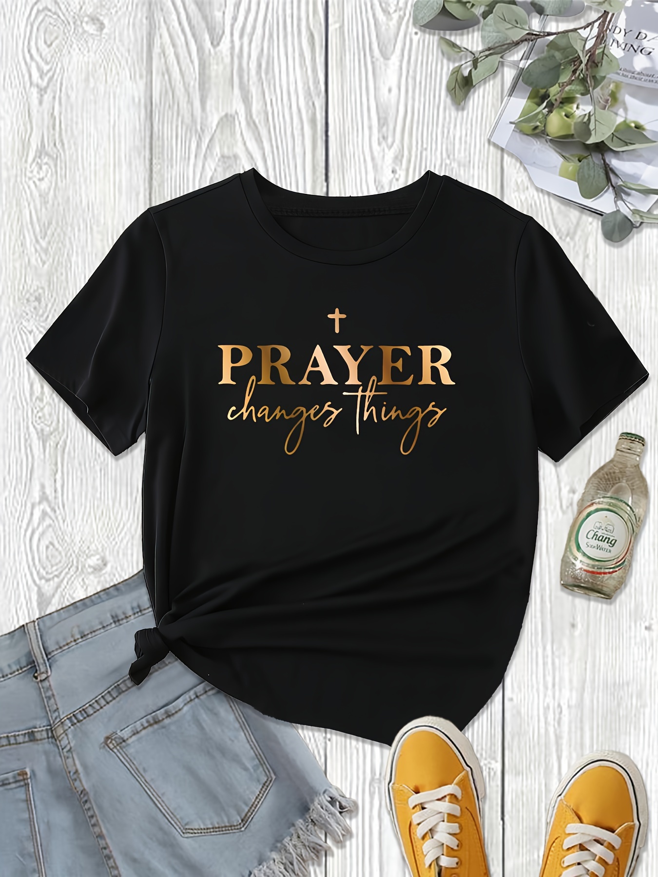 Prayer Print Crew Neck T-Shirt, Casual Short Sleeve Top For Spring & Summer, Women's Clothing