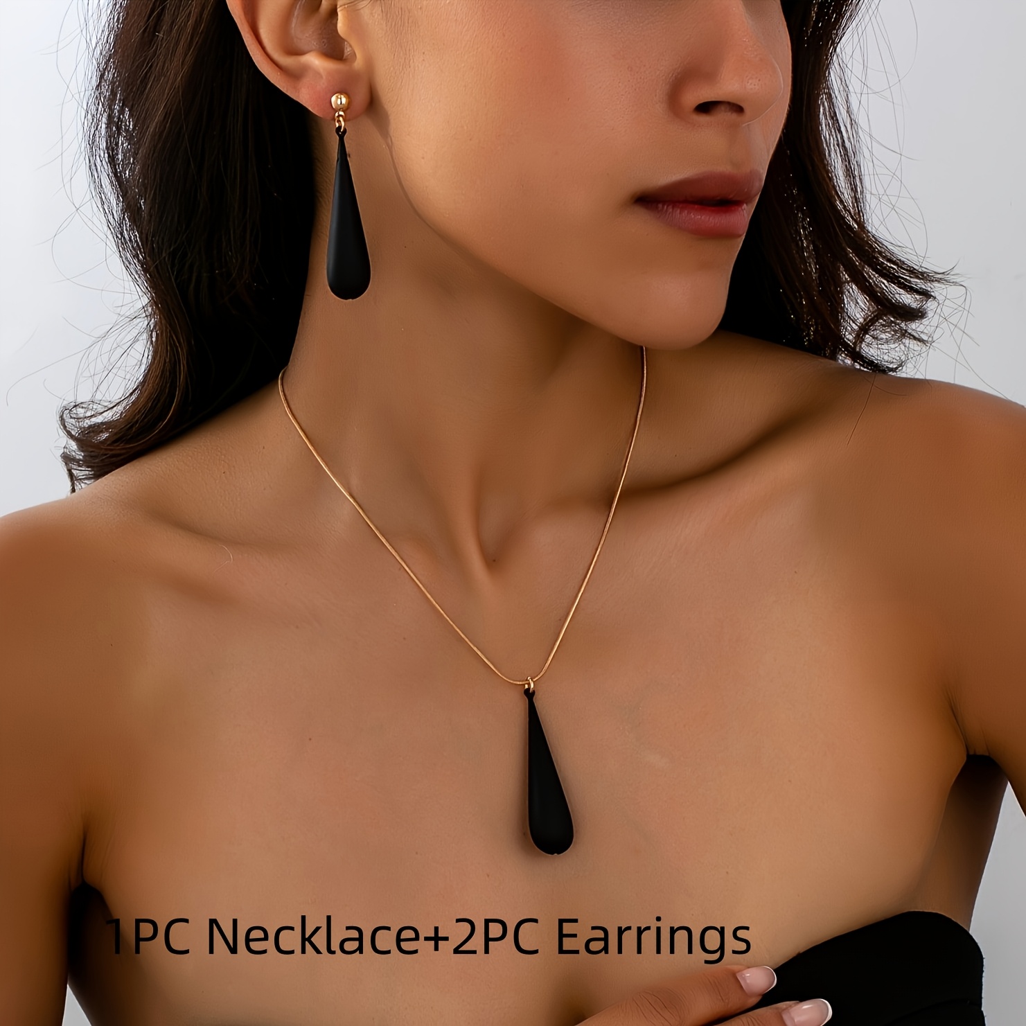 3pc Easy Metallic Style Long Teardrop Pendant Jewelry Set