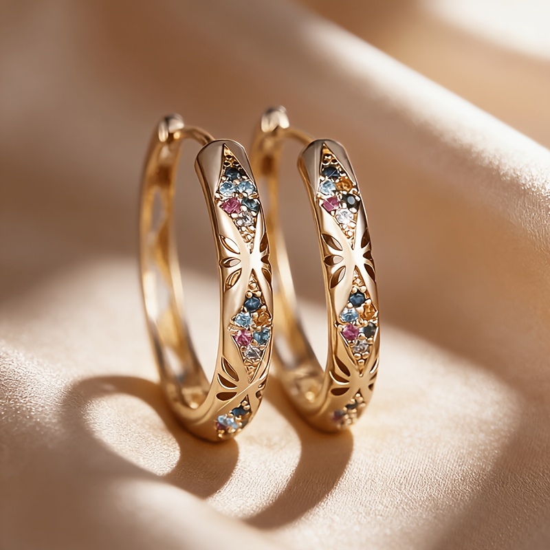 TEMU 2pcs Random Colored The Earring Exquisite Geometric Circle Earrings With Micro Inlaid Three-dimensional Synthetic Zircon Earrings, Colorful