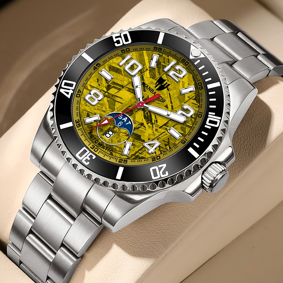 Image of Wanbachi Men' Mechanical Watch, Stainless Steel Strap, Rotating Diver Bezel, Multicolor Dial, Phase Week Calendar Date Display, Sports Business Wristwatch, Without Battery