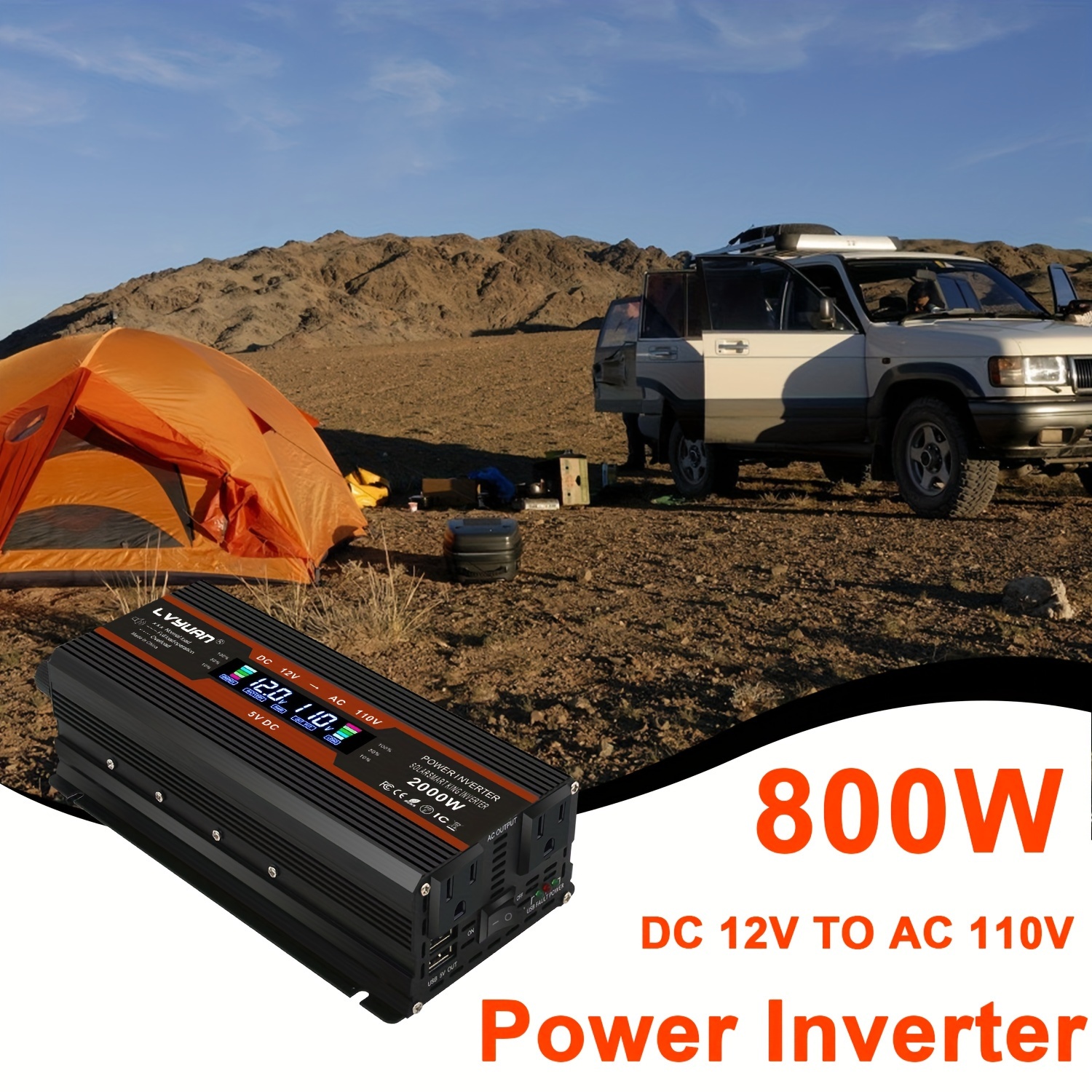 

800w/2000w () Black Car Power Inverter Dc 12v To 110v Ac Converter With Lcd Display Dual Ac Outlets And Dual Usb For Car Home Laptop Truck