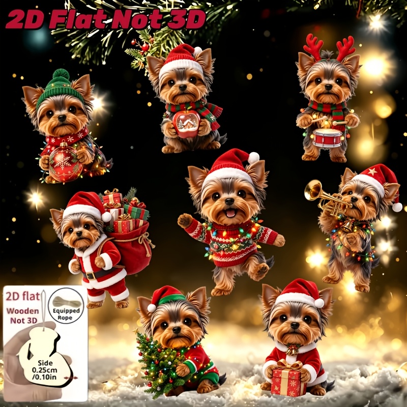 TEMU 2d Flat, 8pcs Yorkshire Terrier Wooden Ornaments - Adorable Yorkie Dog Decor With Flat-back Suitable For Christmas Tree Topper, Shelf Display,