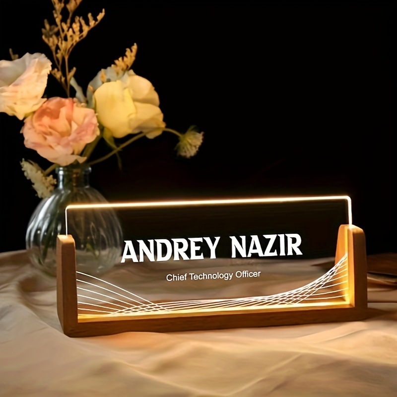 personalized wooden base acrylic desk nameplate   led lighted office desk sign customizable photo desktop decor usb powered low voltage 36  gift