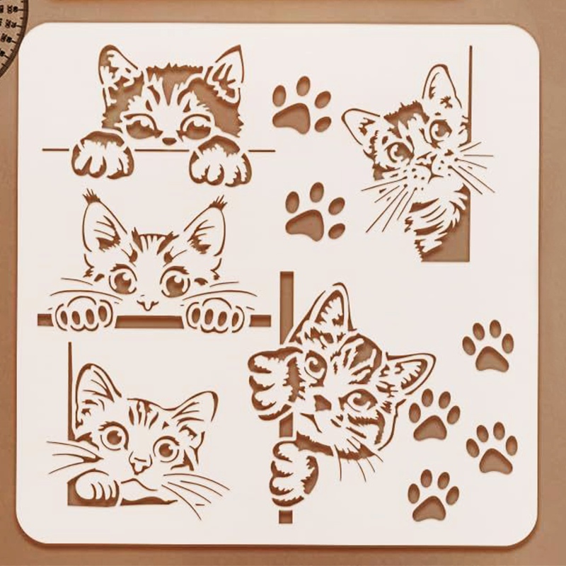E-shop 1 Stück eine bezaubernde, große Schablone mit einer spähenden Katze und Pfotenabdrücken, Größe 11,8 Zoll x 11,8 Zoll. Diese wiederverwendbare