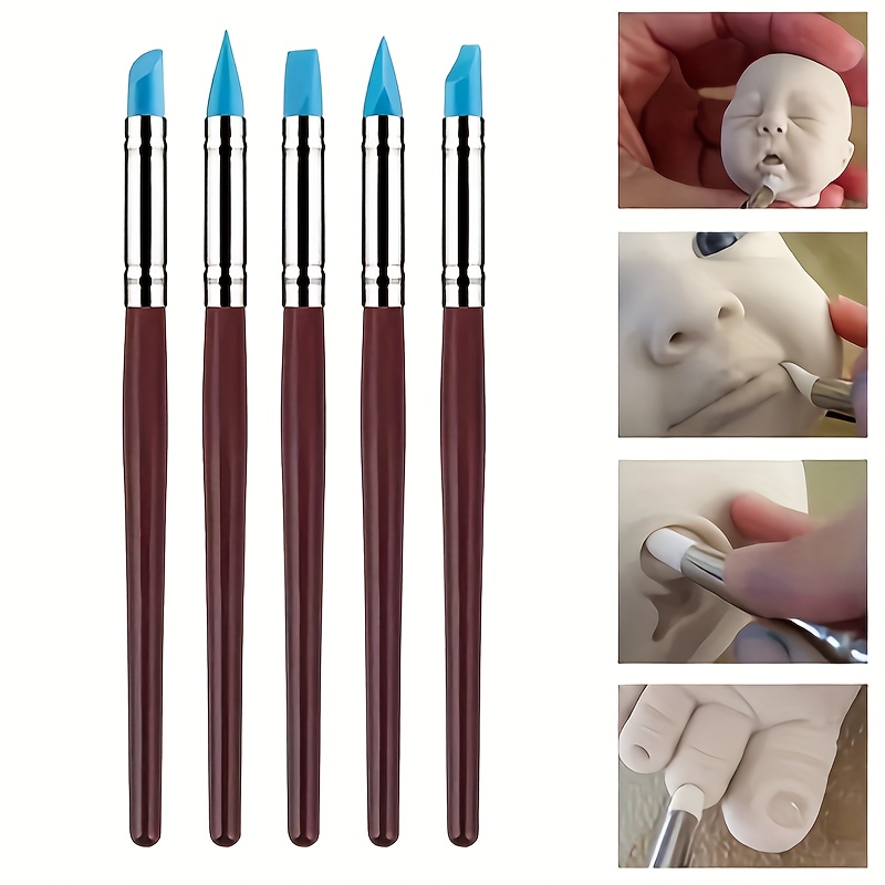 

5pcs Silicone Clay Sculpting Tool Set For Diy Modeling, Nail Art & Pottery - Wooden Handle Craft Tools