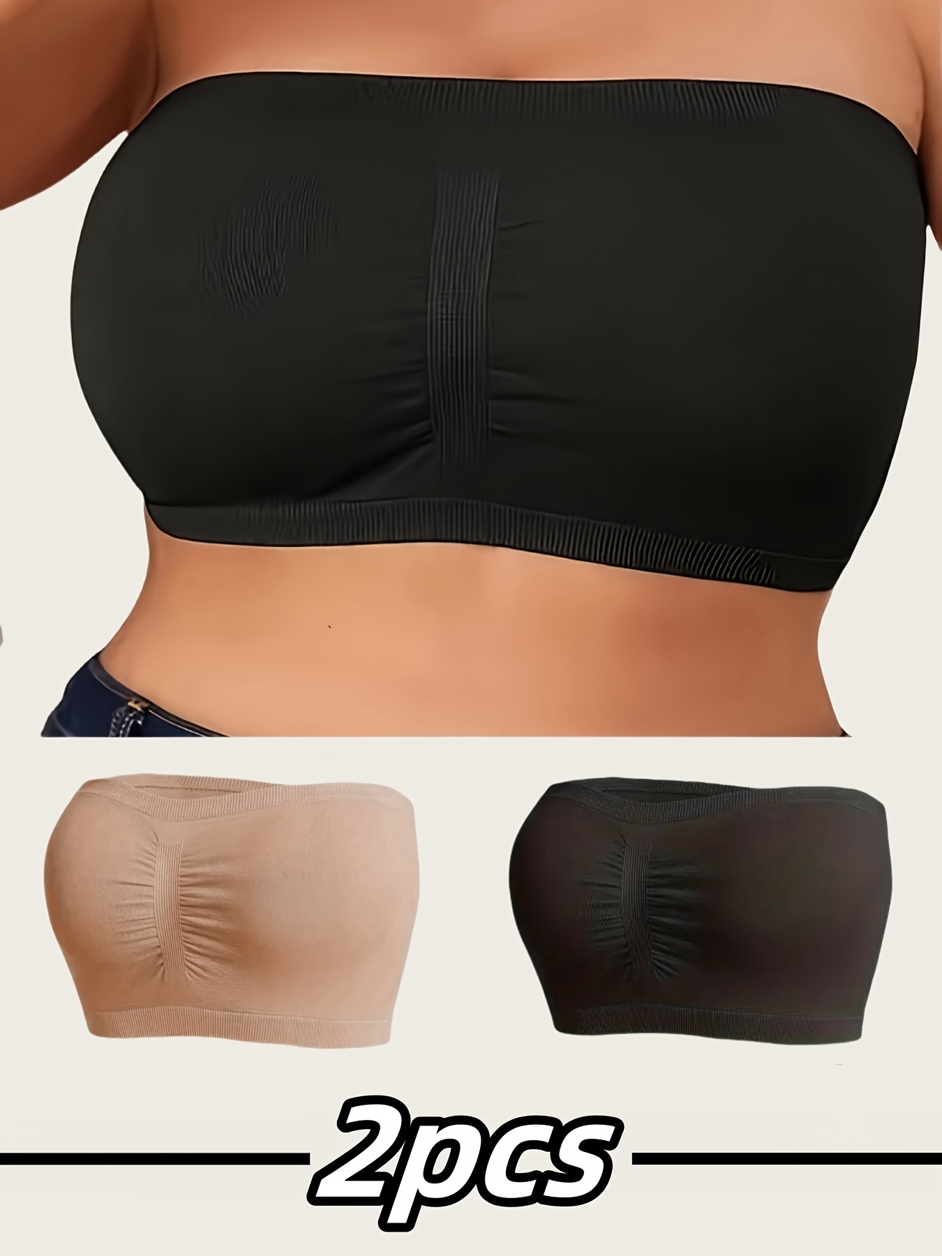 2pcs Strapless Seamless Breathable Solid Color Comfortable Versatile Simple Sexy Plus Size Women's Anti-Slip Ruched Bra Top Wardrobe Essential Set