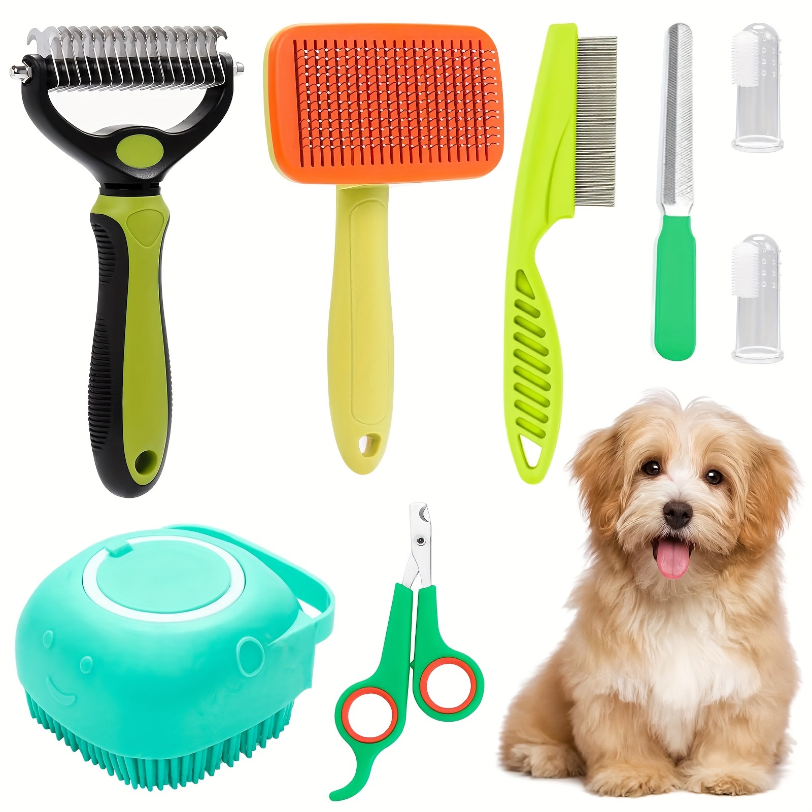 8pcs Dog Grooming Kit | PP Material, Includes Self-Cleaning Brushes, Nail Clipper, Nail File, Flea Comb, Shampoo Bath Brush, Hair Removal Brush, Toothbrush - Image 4
