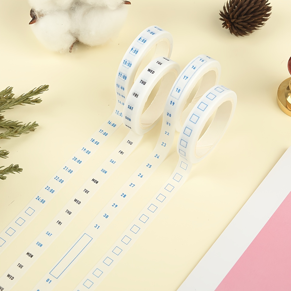 

4 Rolls Washi Tape Time Efficiency Planning Plaid Tape Decorative Sticker White Bottom For Scrapbooking Journaling