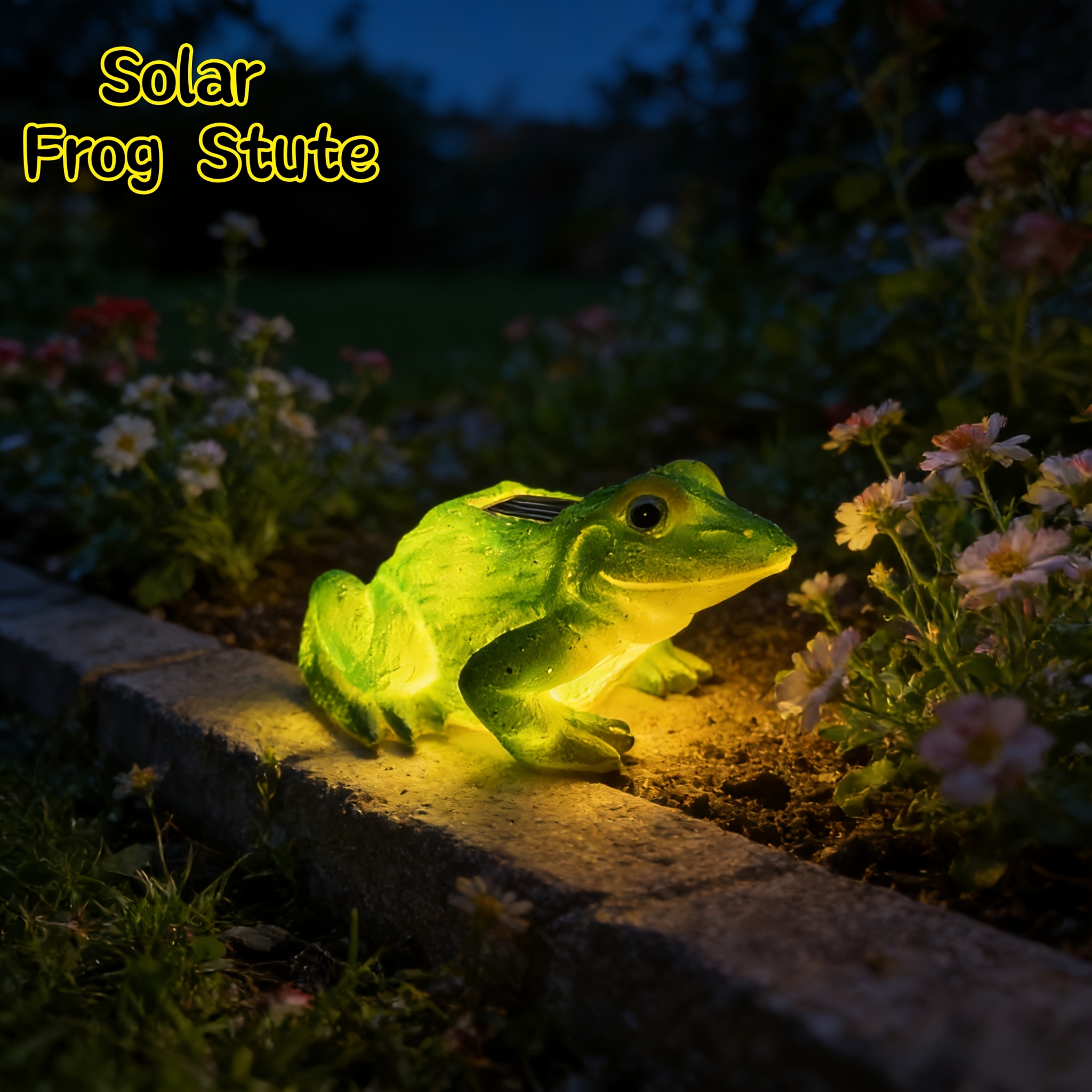Green frog-shaped solar garden light glowing beside plants