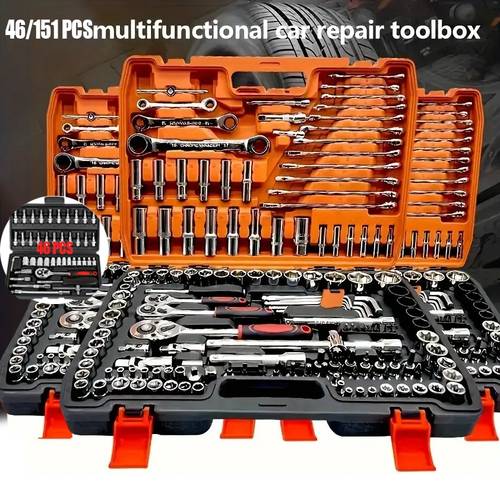 a mechanical tool set including a ratchet handle extension bar universal joint slide bar sae and metric sockets and a basic automotive repair manual tool kit with a plastic toolbox battery not included unpowered manual tool set