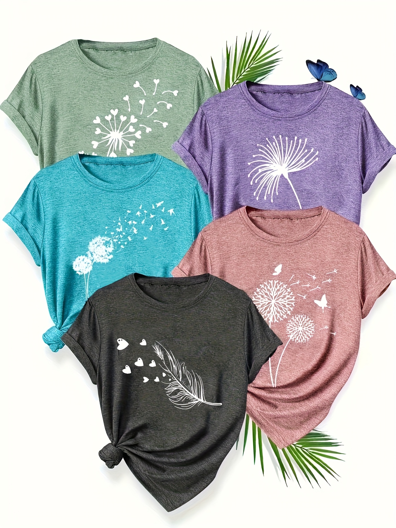 5pcs womens casual short sleeve t shirts summer round neck geometric print tees with dandelion floral     options breathable machine washable fabric cute t shirts everyday outfit     printed   adults Product details 0