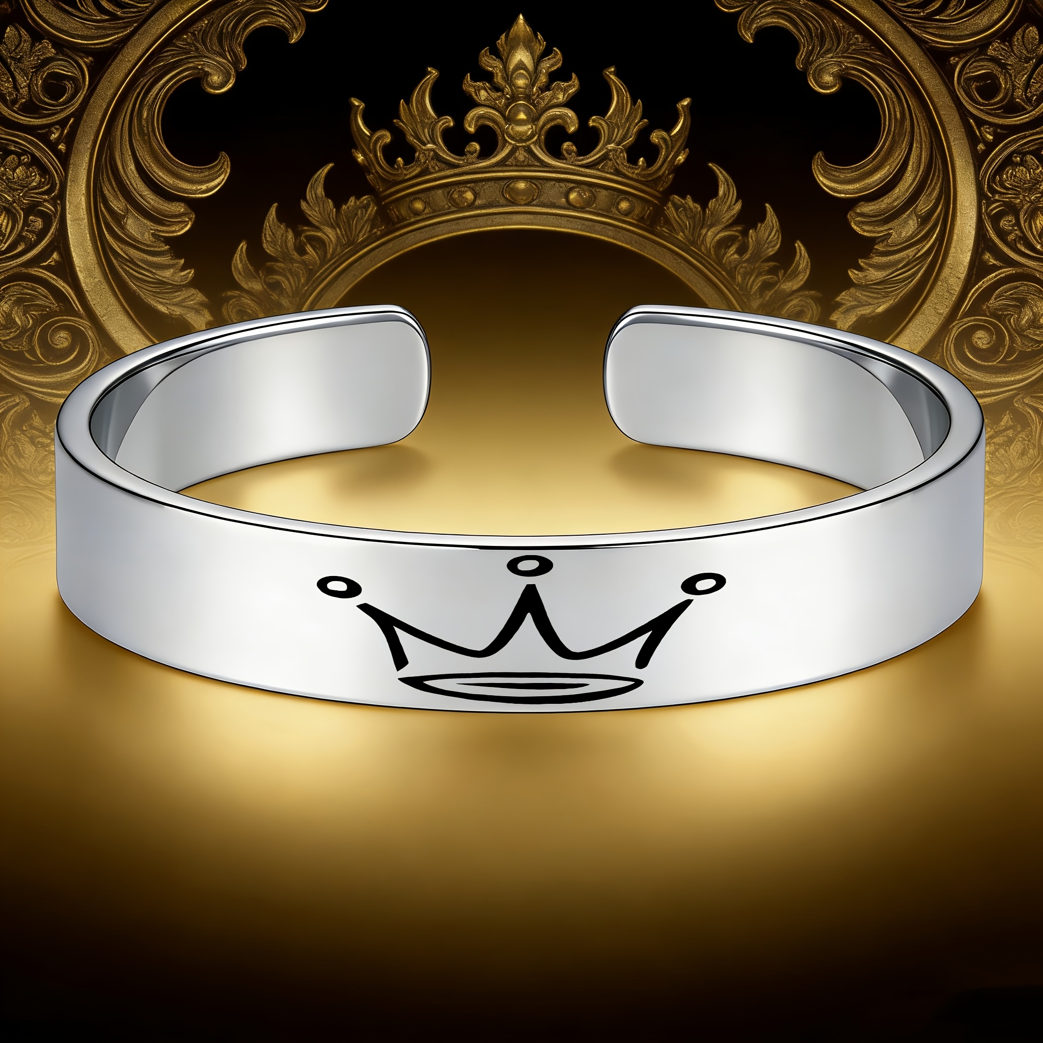 Women's Crown-Patterned Stainless Steel Open Bangle Bracelet