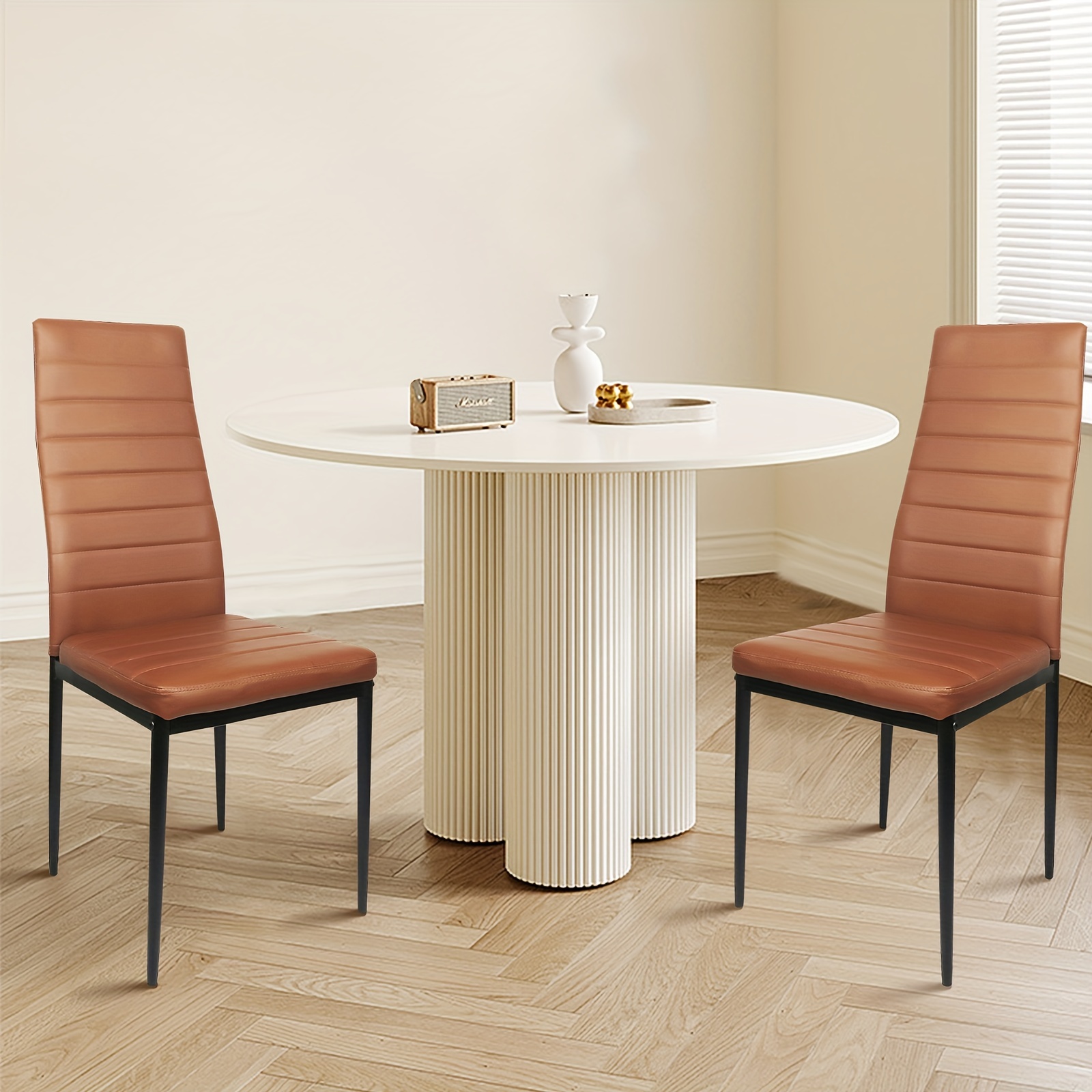 2pcs Faux Leather High | Back Dining Chairs Set | Black Metal Legs With Thick Padded Seats | Classic Kitchen, Office & Restaurant Chairs (brown) | Water-resistant Faux Leather & Anti-scratch Legs
