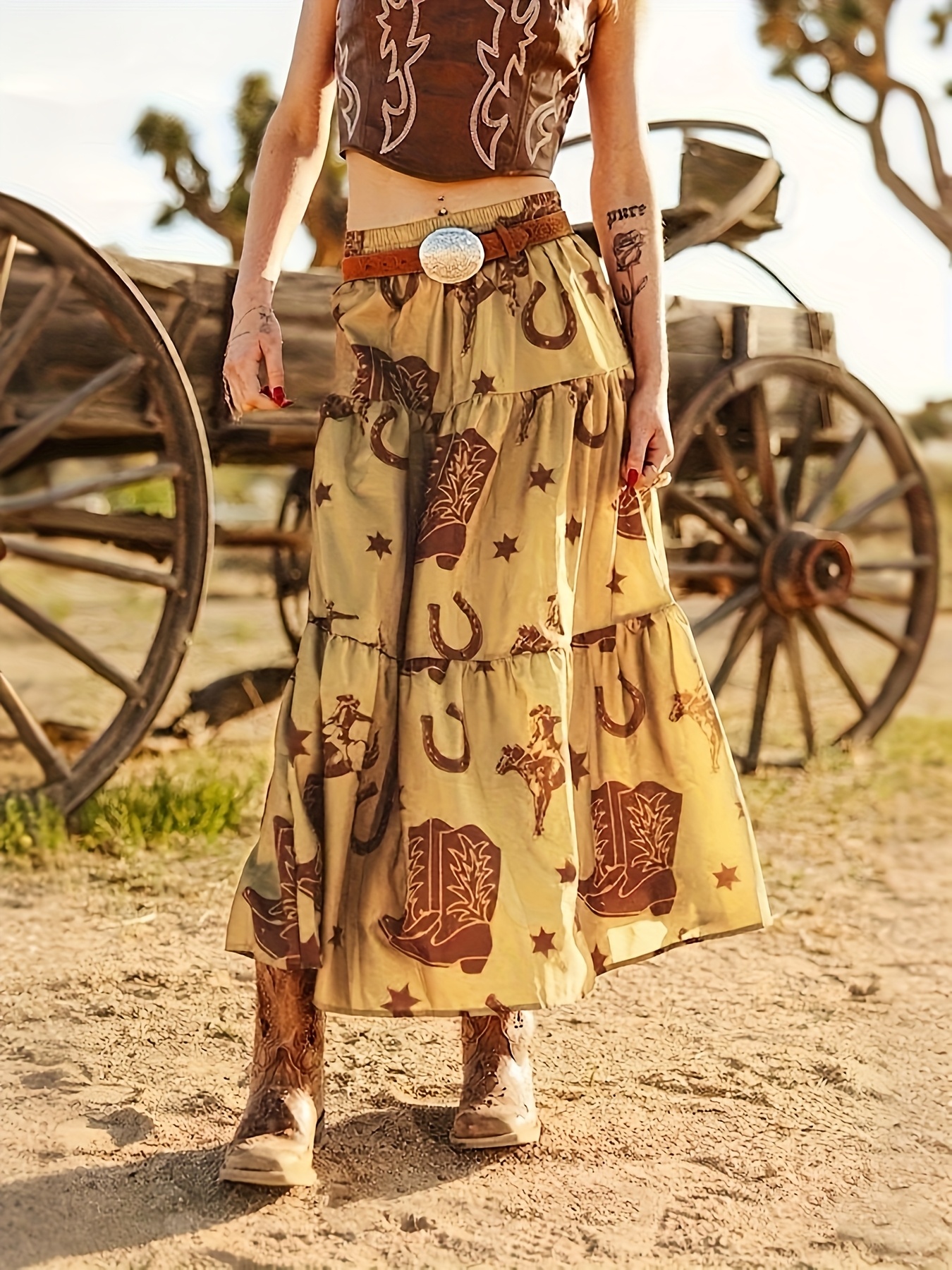 womens western cowgirl print maxi skirt horseshoe cowboy Temu