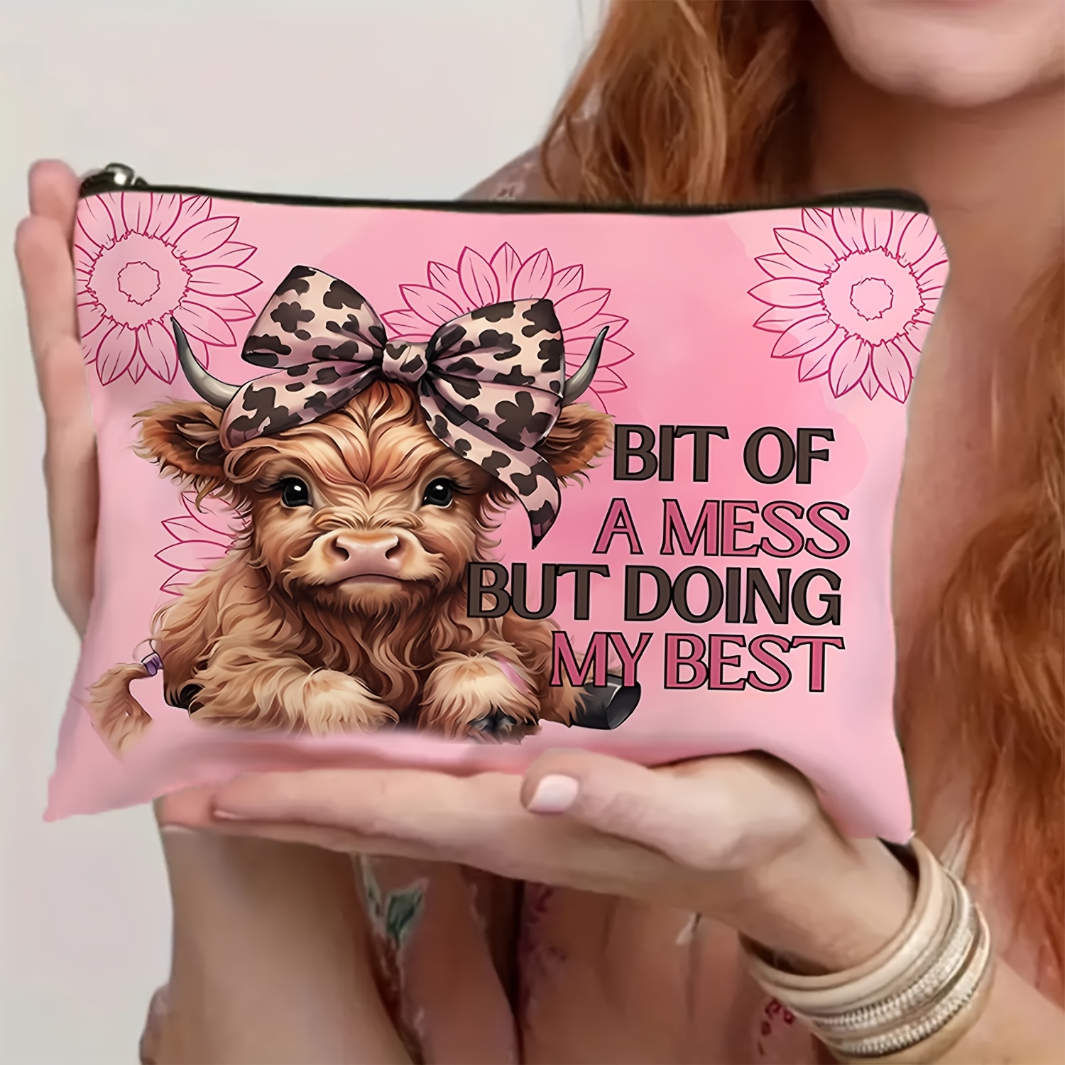 TEMU [1pc Inspirational Highland Cow Makeup Bag] 1pc Inspirational Highland Cow Makeup Bag, Polyester Cosmetic Pouch, Double-sided Print, Large