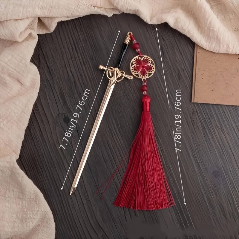 Image of Vintage Sword-shaped Metal Bookmark With Tassel Pendant - Elegant Aluminum Alloy Page Marker, Suitable For Readers And Office Use