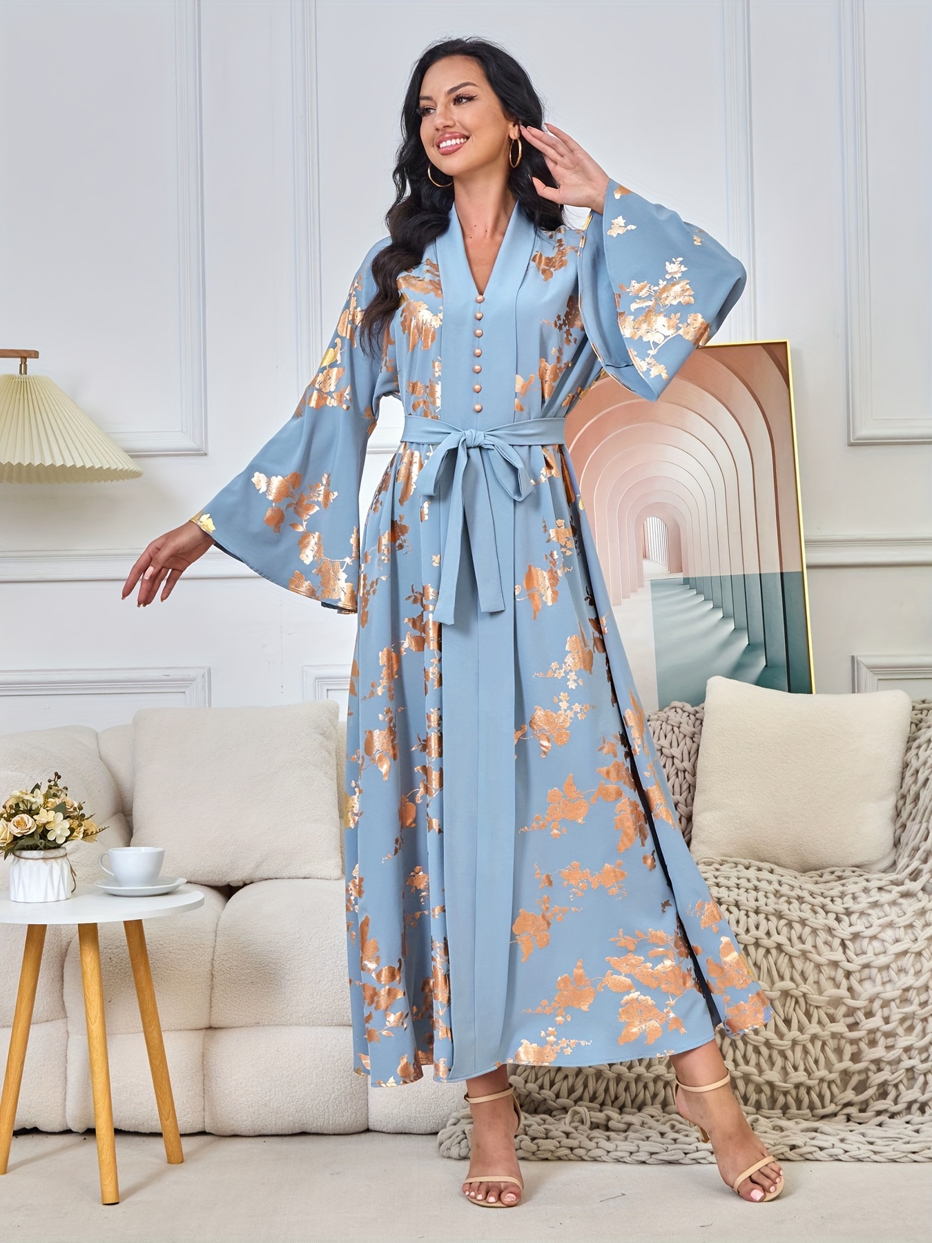 green emerald velvet dress Elegant Blue Batik Cotton Kaftan with White Tassel Trim main image 1