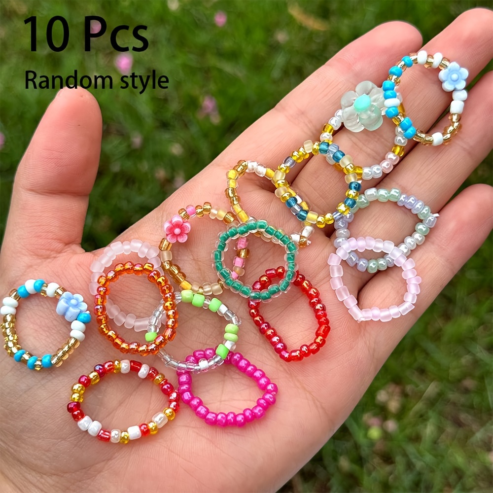 Vintage Boho Flower Ring Set for Women - 20 Pcs Beaded Stretch Rings