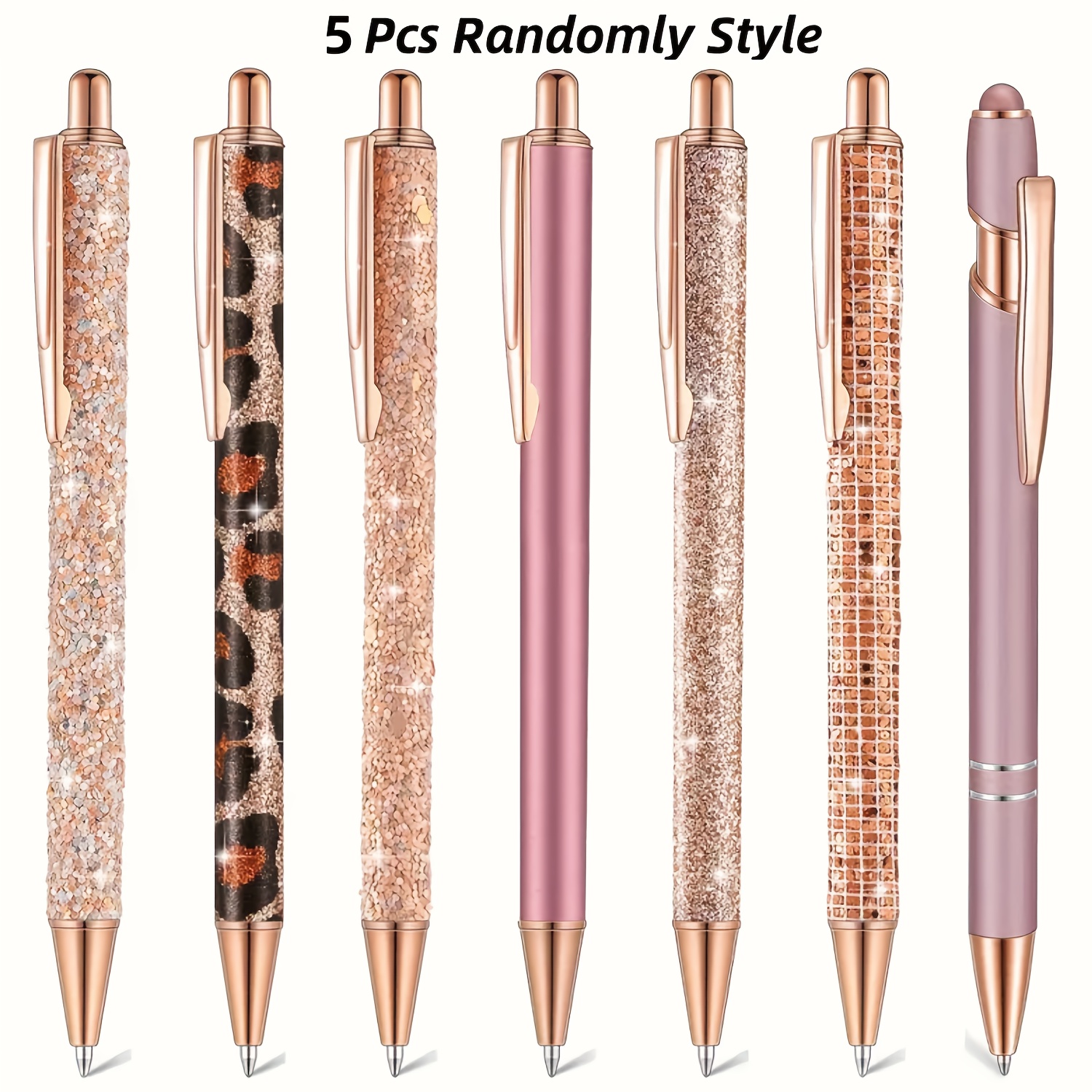 Image of 5pcs Random Style Retractable Ballpoint , Metal Medium Point Pens With Round Body, Fancy Glitter Design, Ideal For School, Office, And Gifts For Wedding, Graduatin And Festivals - Age 14+