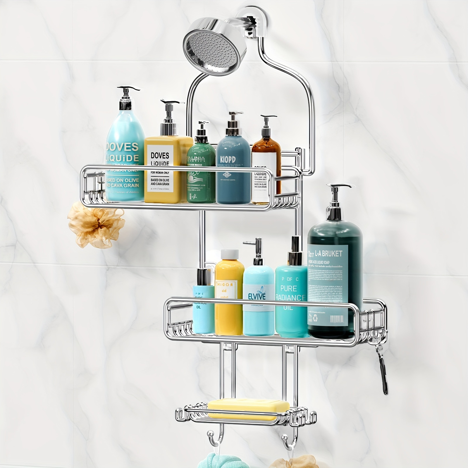 

Hanging Shower Over Shower : Adjustable Large Shower Organizer With Soap Holder - Rustproof Bathroom Shelf Shampoo Storage Rack - 4 Movable Hooks For Razor Loofah Silver