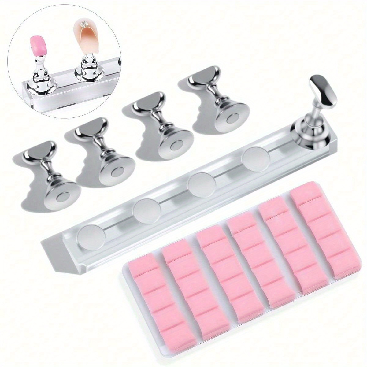 TEMU Support de Plaques d'Ongles Argenté pour Nail Art, Ensemble de Pâte à Modeler, Base Acrylique, Support d'Entraînement pour Fixation d'Ongles en