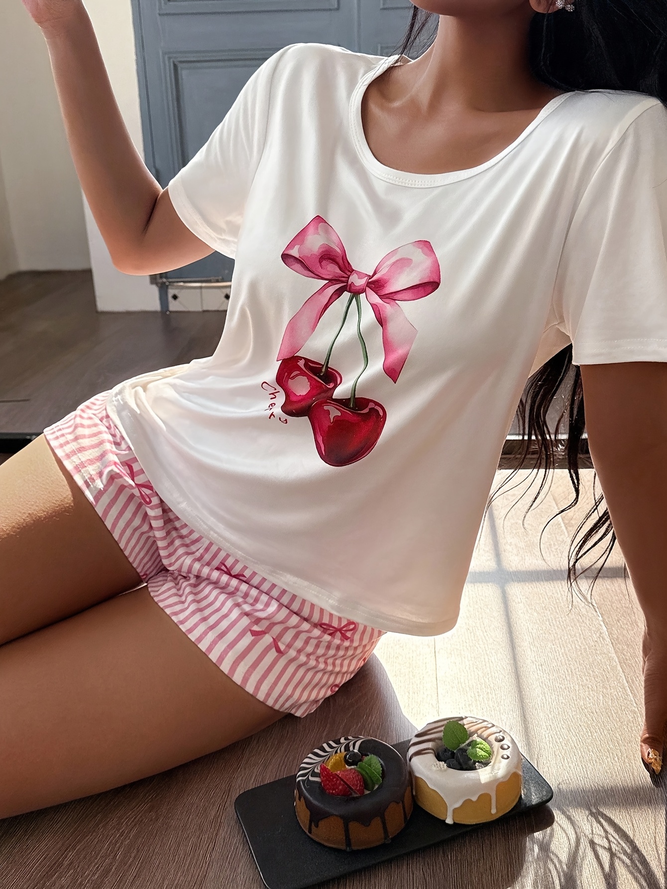 Trendy Bow Blouse with Cherry Print and Striped Shorts, Women's Pajama Set