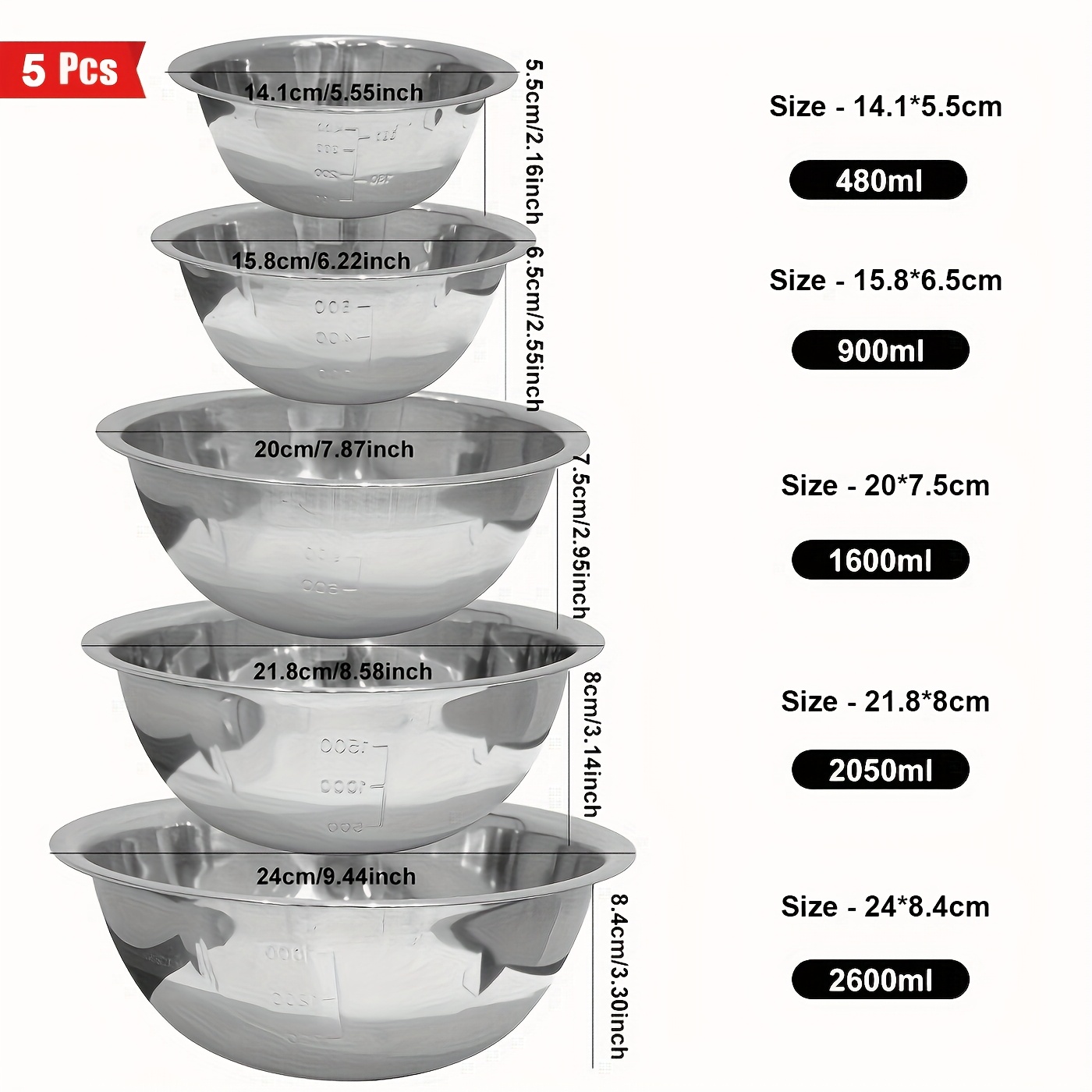 

5pcs Hihegd Steel Mixing Bowls Set - , , , -saving Nesting For Cooking And