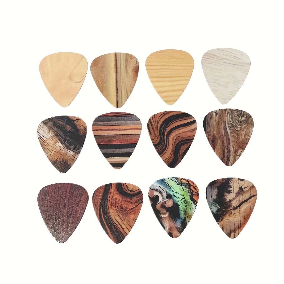 

Guitar Picks 12pcs/set - Double-sided Printed Wood Grain Designs For Bass, , Ukulele - Colorful Themed Instrument Accessories