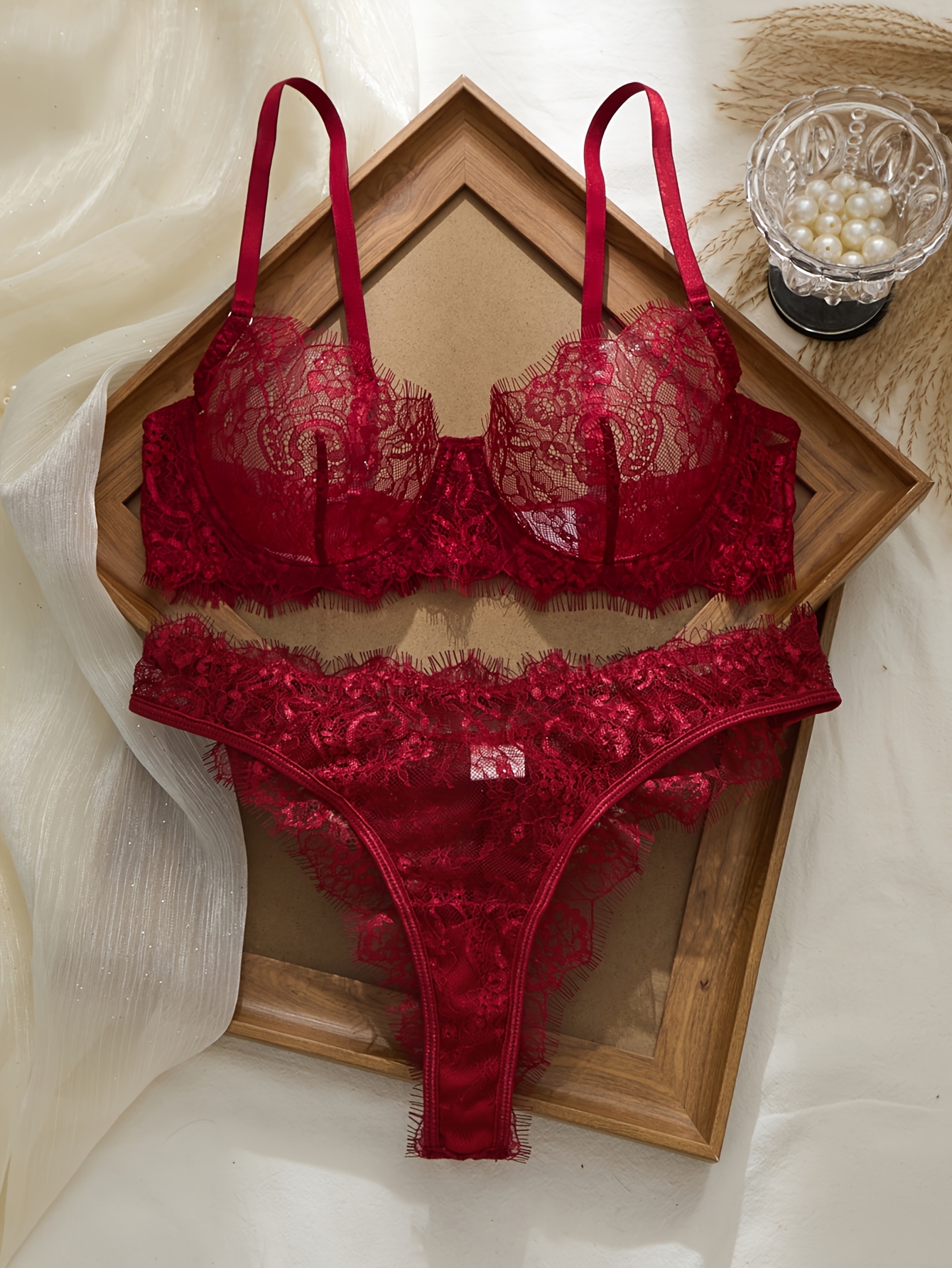   romantic valentines day gift   lace light luxury high end bra set ultra thin see through   french romantic fitted couples gift valentines day present seamless soft support without  