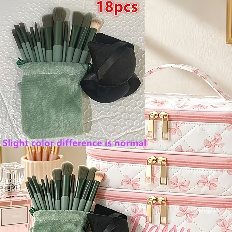 TEMU 18pcs Professional Makeup Brush Set, Including 13pcs Makeup Brushes And 4pcs Triangular Puff Pads And Storage Bag. Soft Nylon Bristles, Suitable