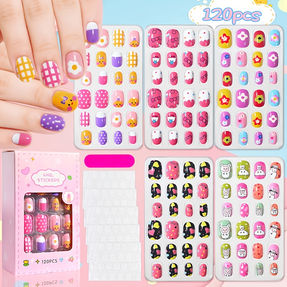 TEMU 120pcs Press On Nails Set, Cute Cartoon Animal & Fruit Pattern False Nails, Colorful Short Square Fake Nails With Adhesive Tabs, Cute Unicorn