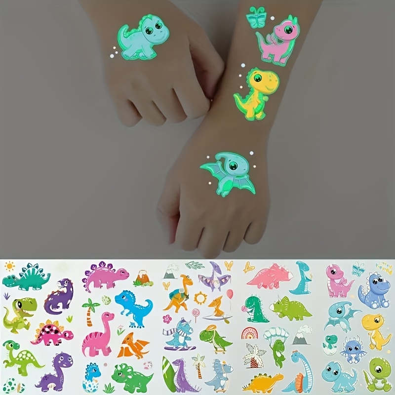 a set of 60 glow in the dark temporary tattoo stickers for kids dinosaur series waterproof cartoon     t rex   triceratops and pterodactyl   makeup stickers for birthday and   gifts last 2 5