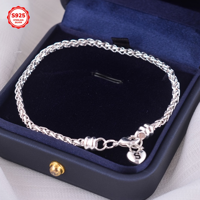 925 Sterling Silver S Lock Heart Chain Bracelet, Boho Style