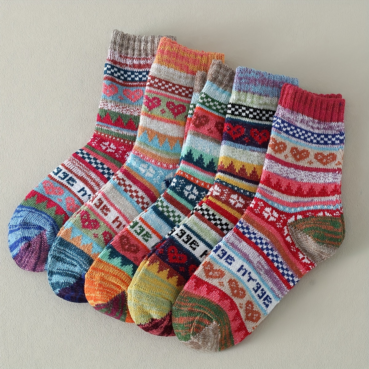 

5 Pairs Heart & Striped Socks, Ethnic Style Thermal Mid Tube Socks For Fall & Winter, Women's Stockings & Hosiery