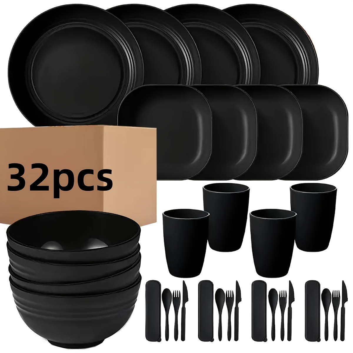 32pcs heavy-duty black pp dinnerware set with plates, bowls, cups
